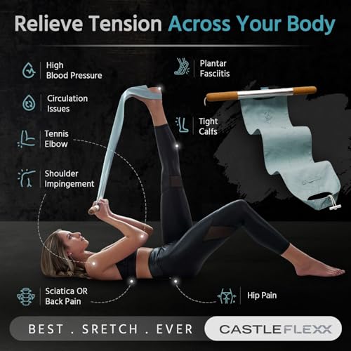 CastleFlexx Mobility and Full Body Strengthening Device | Non-Elastic Stretch Strap with Natural Premium Cork Handles for Stretching, Exercise, Physical Therapy, and Yoga | Height up to 5’9” Aqua
