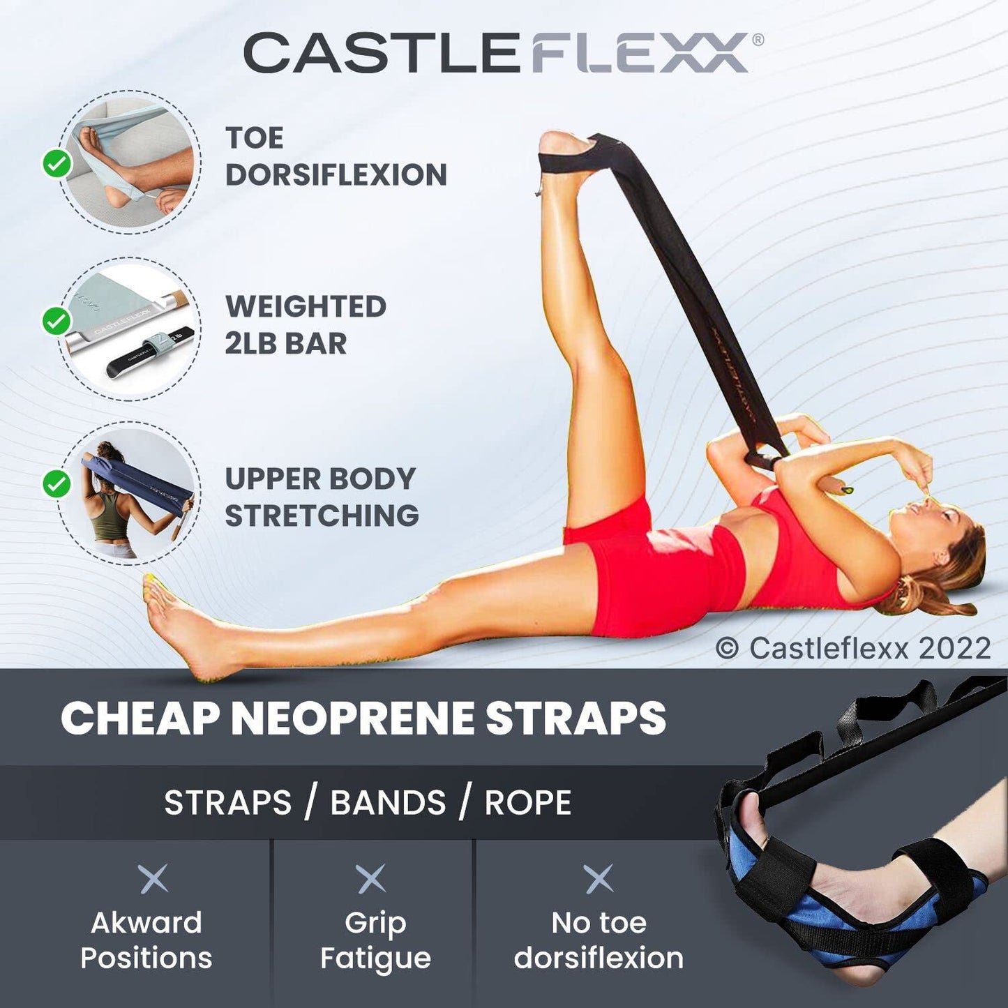 CastleFlexx Mobility and Full Body Strengthening Device | Non-Elastic Stretch Strap with Natural Premium Cork Handles for Stretching, Exercise, Physical Therapy, and Yoga | Height up to 5’9” Aqua