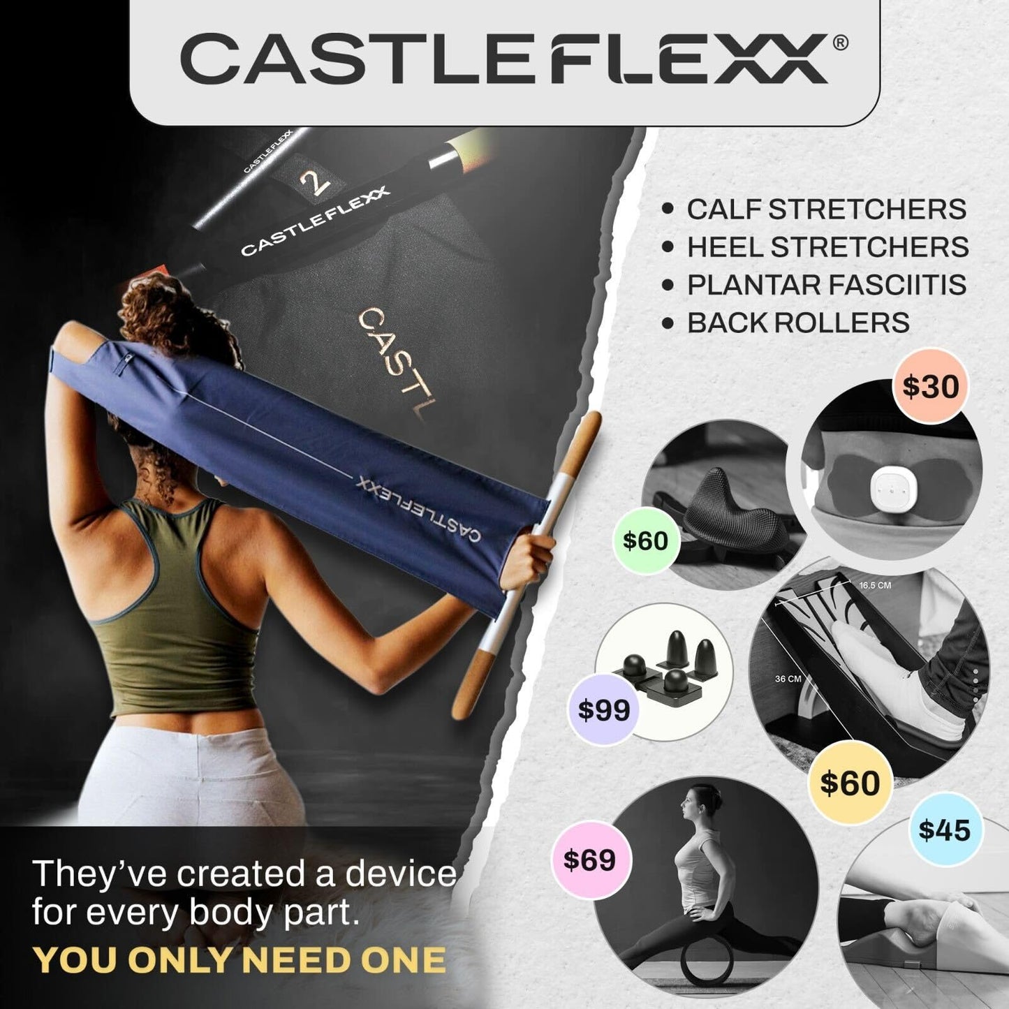 CastleFlexx Mobility and Full Body Strengthening Device | Non-Elastic Stretch Strap with Natural Premium Cork Handles for Stretching, Exercise, Physical Therapy, and Yoga | Height up to 5’9” Aqua