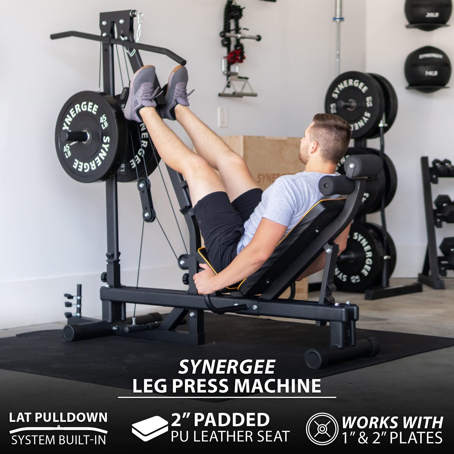 Synergee Leg Press Machine with LAT Pull Down Attachment. Glute, Ham, & Quad Developer for Home Gym. 400 lb Weight Capacity.