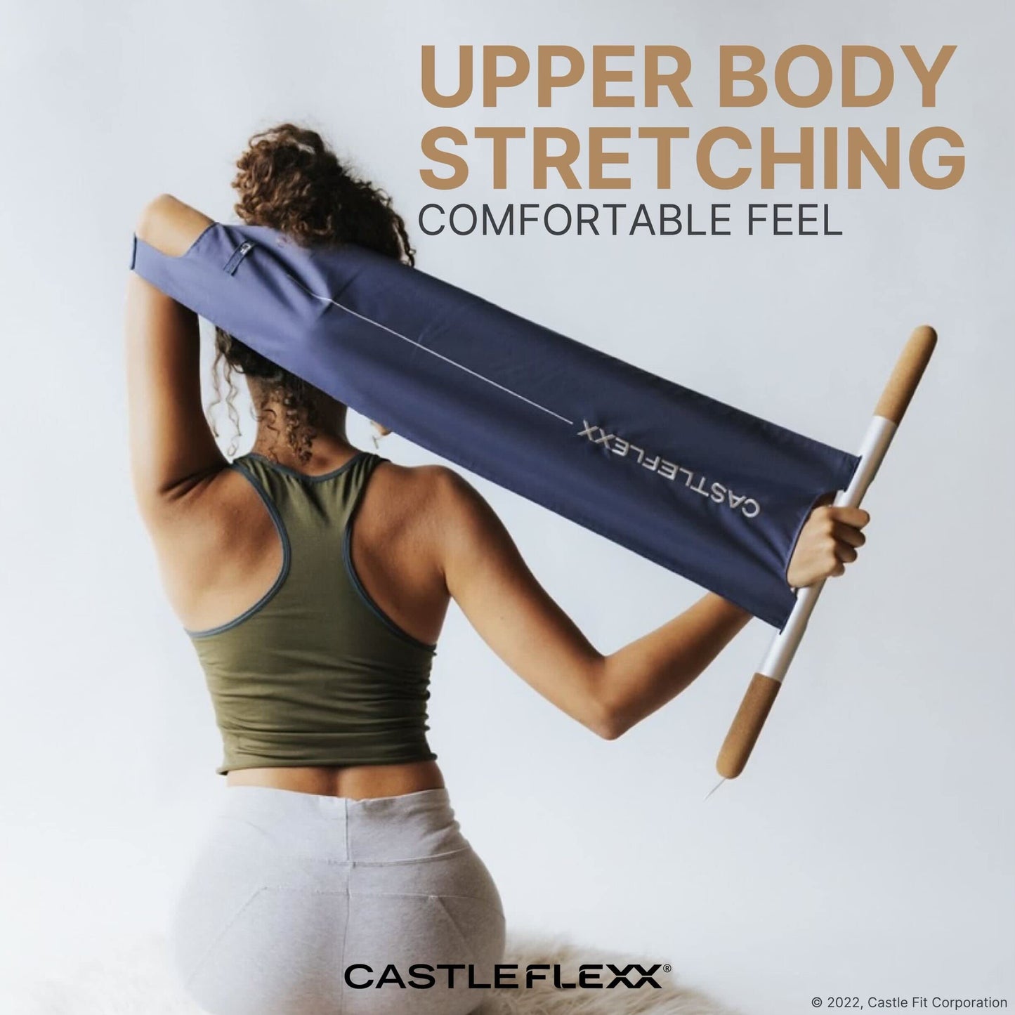 CastleFlexx Mobility and Full Body Strengthening Device | Non-Elastic Stretch Strap with Natural Premium Cork Handles for Stretching, Exercise, Physical Therapy, and Yoga | Height up to 5’9” Aqua