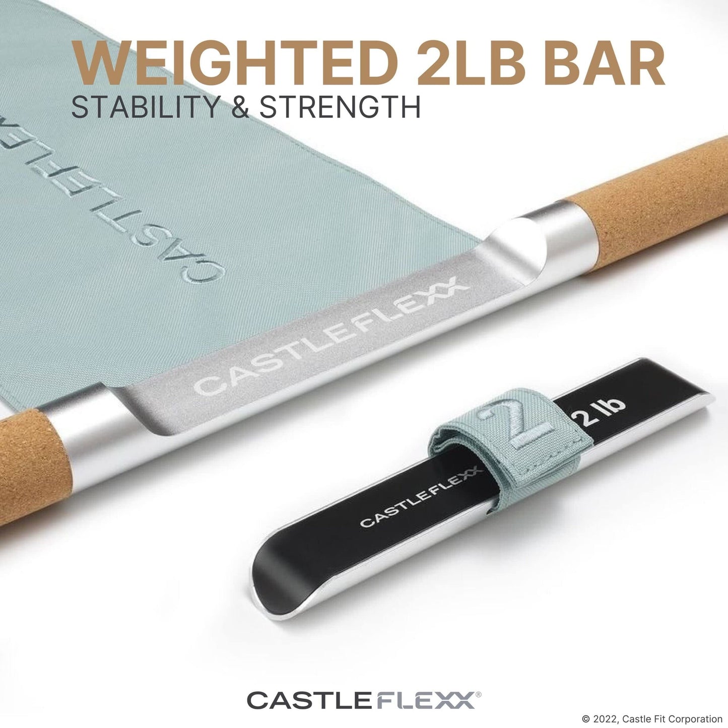 CastleFlexx Mobility and Full Body Strengthening Device | Non-Elastic Stretch Strap with Natural Premium Cork Handles for Stretching, Exercise, Physical Therapy, and Yoga | Height up to 5’9” Aqua